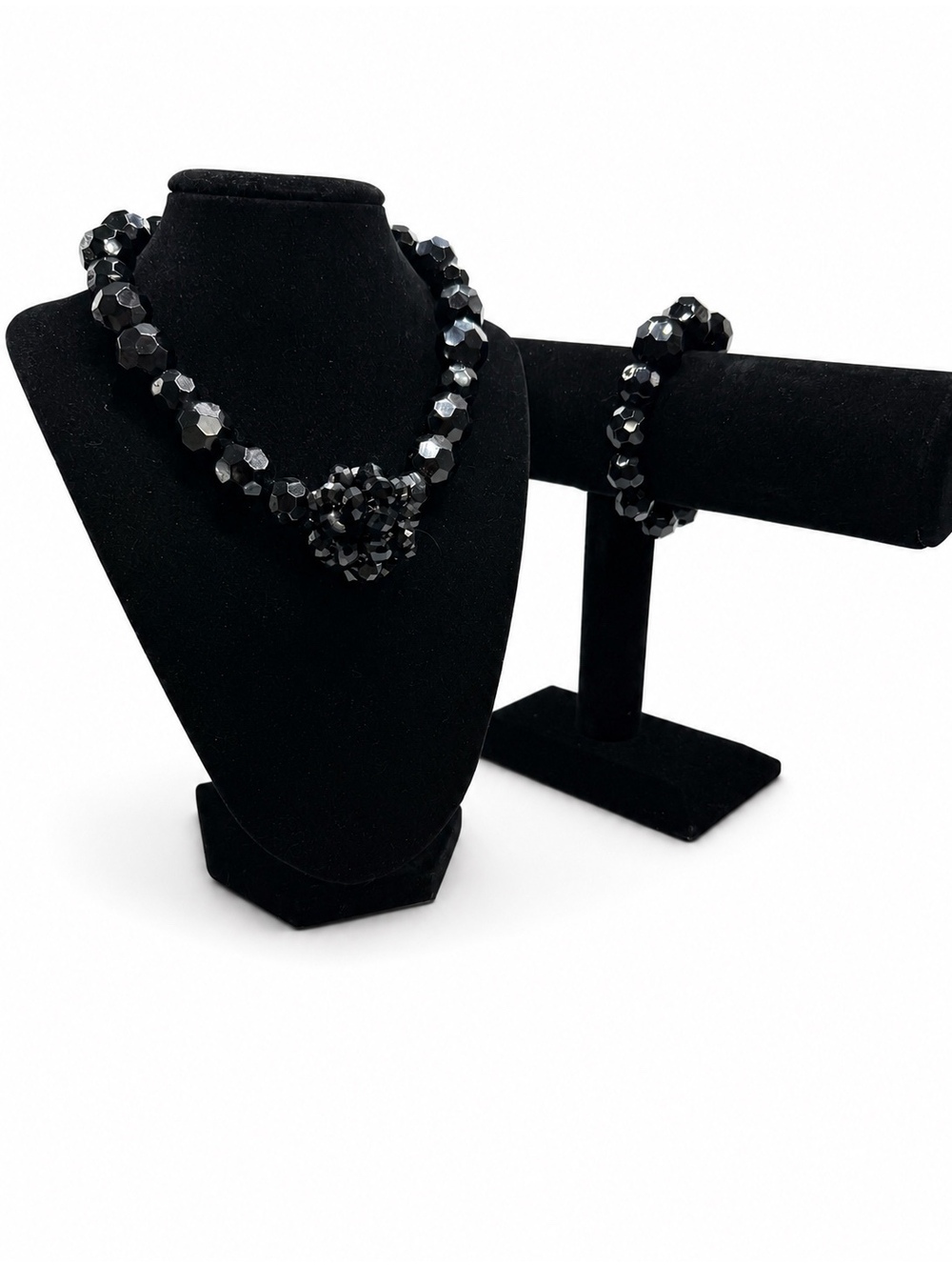 Jewelry By GG Black Glass Costume 8.5" Beaded Necklace and 3.5" Bracelet Set